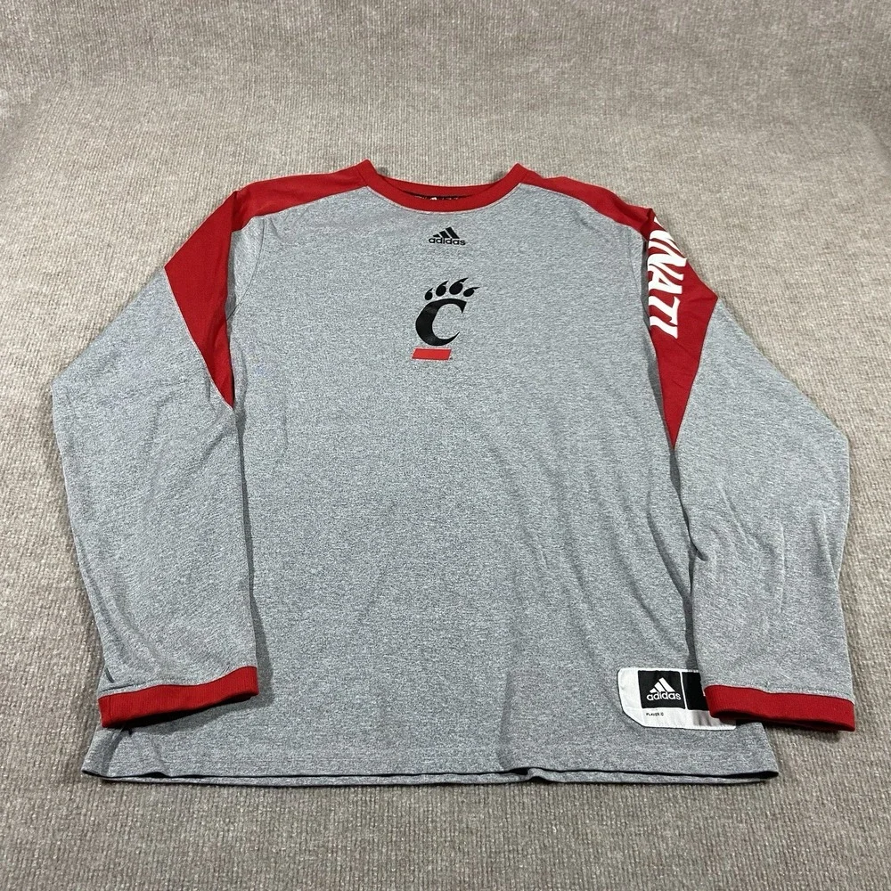 Adidas Cincinatti Bearcats Shirt Mens Large Long Sleeve Grey Red Spellout Player